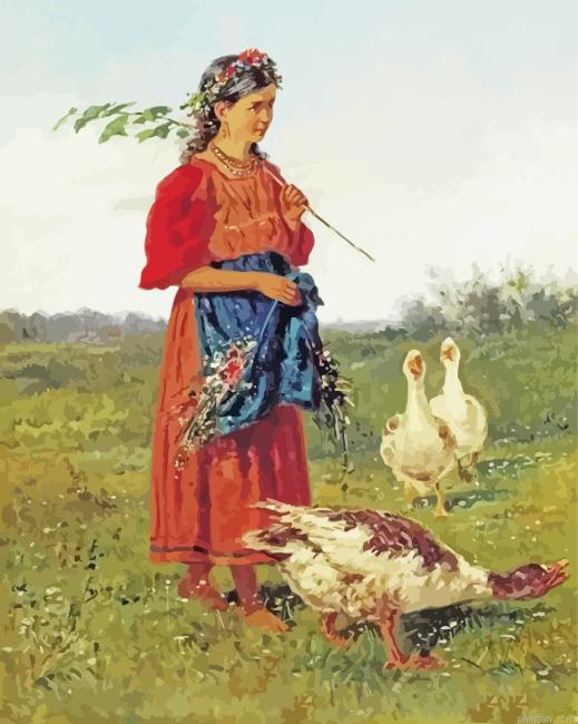 A Girl With Geese By Vladimir Makovsky Paint By Numbers.png