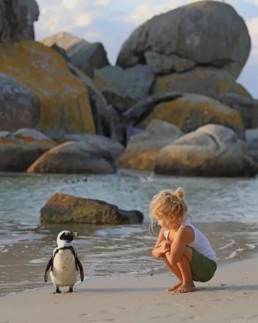 A Little Girl Trying To Talk To A Penguin New Paint By Numbers.png