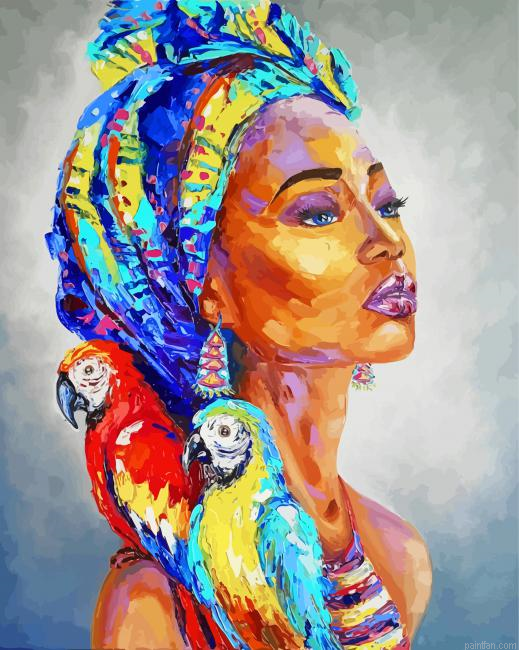 African Woman And Parrots Paint By Number.png