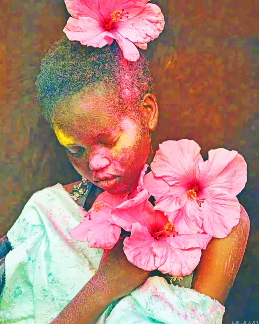 Afro Girl And Pink Flowers New Paint By Numbers.png