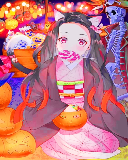 Anime Girl Enjoying The Halloween New Paint By Numbers.png