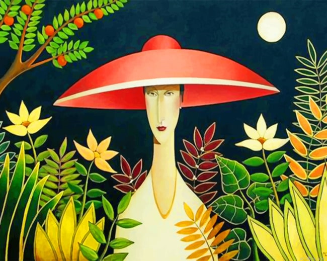 Asian Woman Wearing A Red Sunhat Paint By Numbers.png