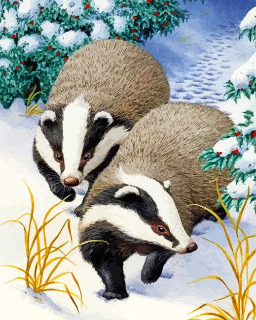 Badgers Animals In Snow Paint By Number.png