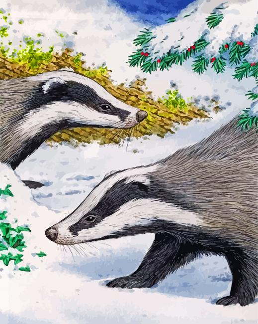 Badgers In Snow Paint By Number.png