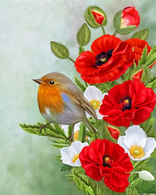 Bird On Poppy Flowers Paint By Number.png