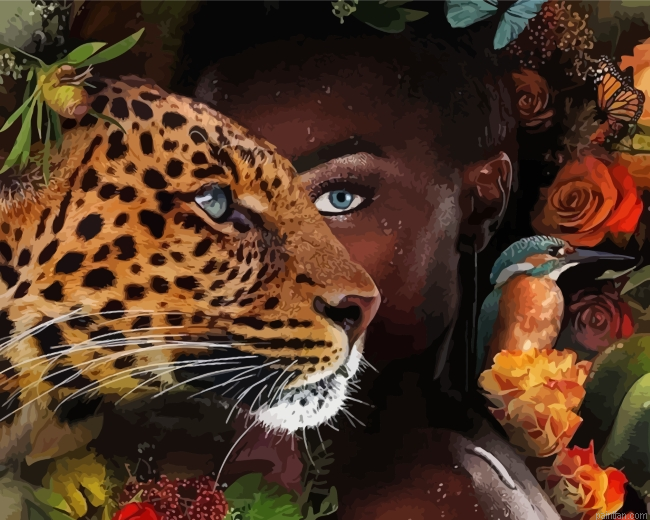 Black African Woman And Leopard Paint By Number.png