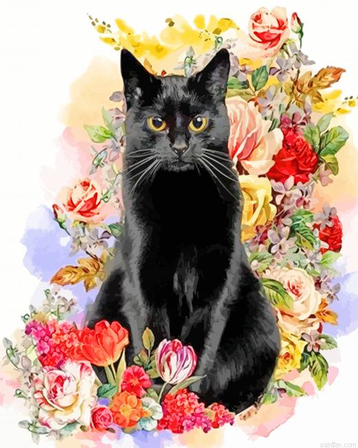 Black Cat And Flowers Paint By Number.png