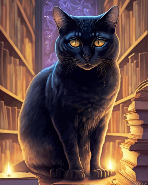 Black Cat In Library Paint By Numbers.png