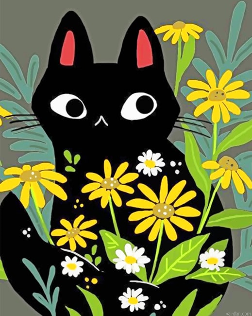 Black Cat With Flowers New Paint By Numbers.png