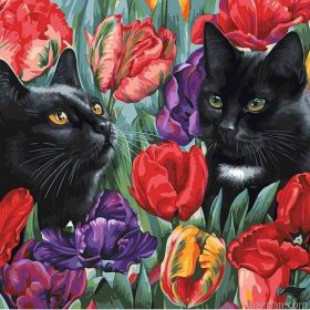 Black Cats Amongst The Tulips Paint By Numbers.png