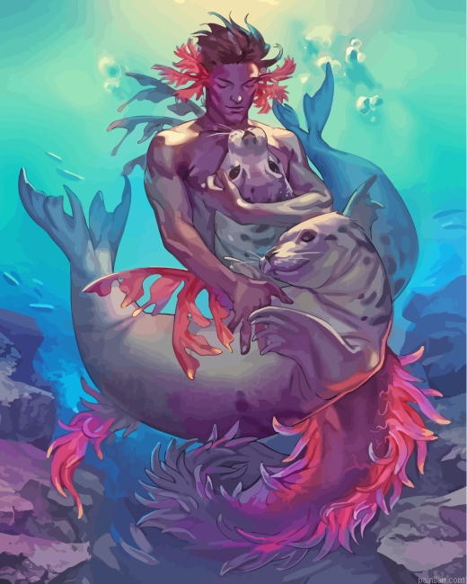 Black Merman And Seals Paint By Numbers.png