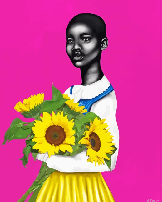 Black Woman With Sunflowers Paint By Numbers.png