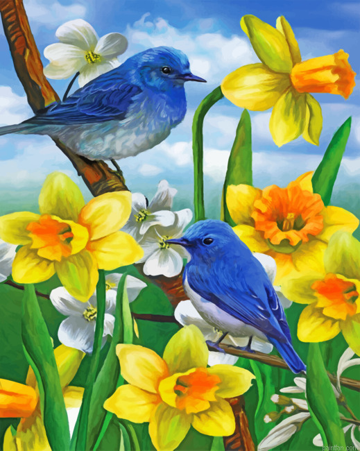 Bluebirds And Wild Daffodils Paint By Numbers.png