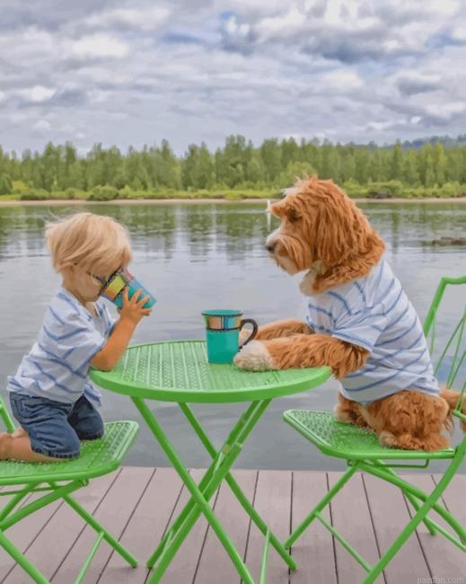 Boy Drinking Coffee With His Puppy New Paint By Numbers.png