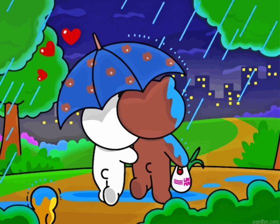 Brown And Cony Walking In Rain Paint By Numbers.png
