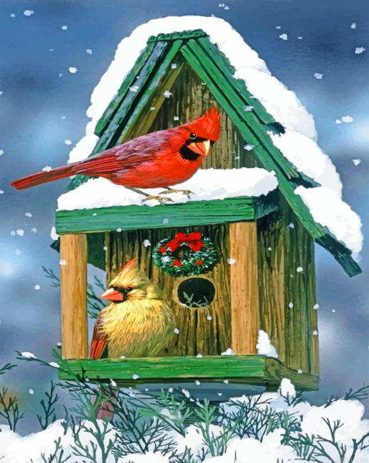 Cardinals In Snow House Paint By Numbers.png