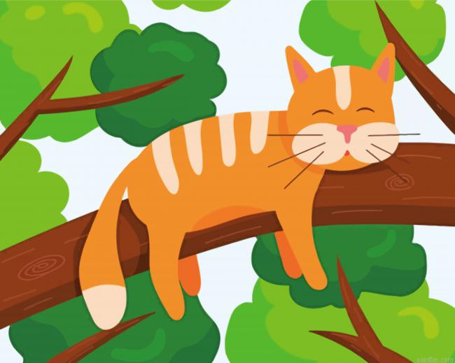 Cartoon Cat On Branch Paint By Numbers.png