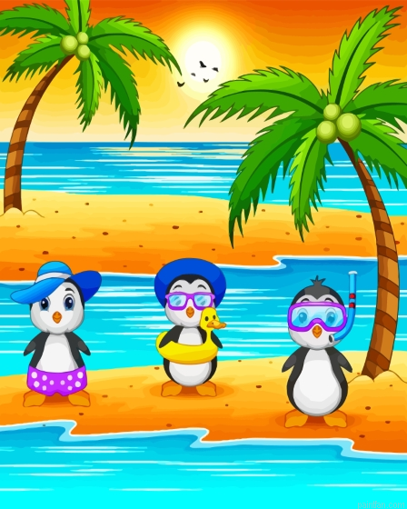 Cartoon Penguins On The Beach Paint By Numbers.png