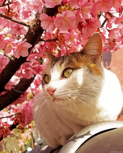 Cat And Cherry Blossoms Paint By Numbers.png