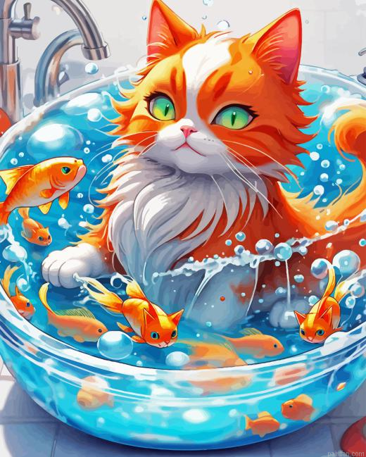 Cat Taking Bath With Fish Paint By Numbers.png