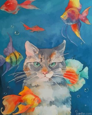 Cat With Fishes In The Water Paint By Number.png