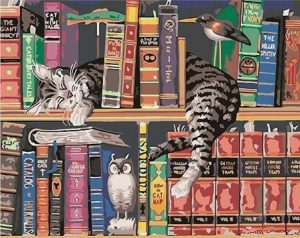 Cats On Bookshelves Paint By Numbers.png