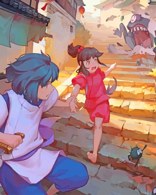 Chihiro And Haru Running Animes Paint By Numbers.png