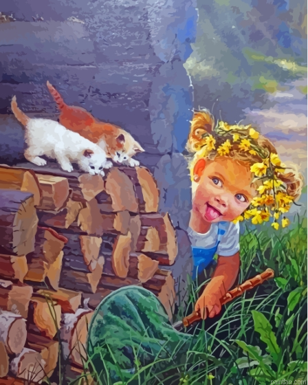 Child And Kittens Paint By Numbers.png