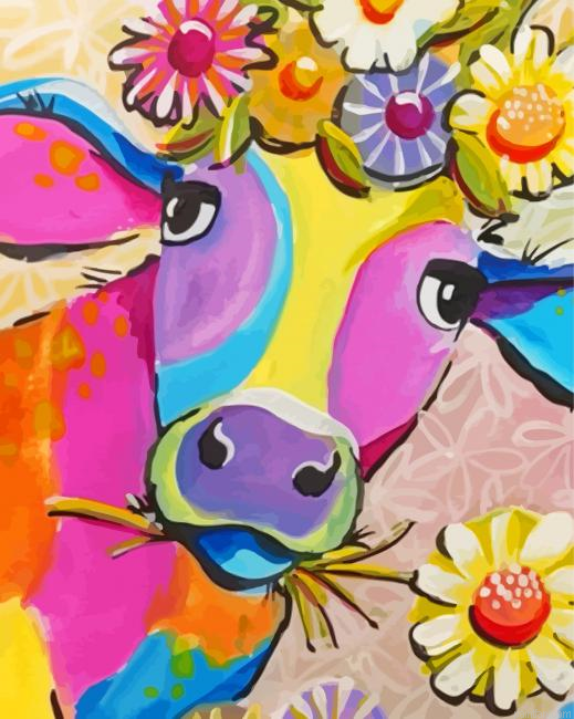Colorful Cow Wearing Flower Paint By Numbers.png