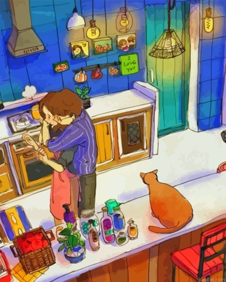Couple And Cat In Kitchen Paint By Numbers.png
