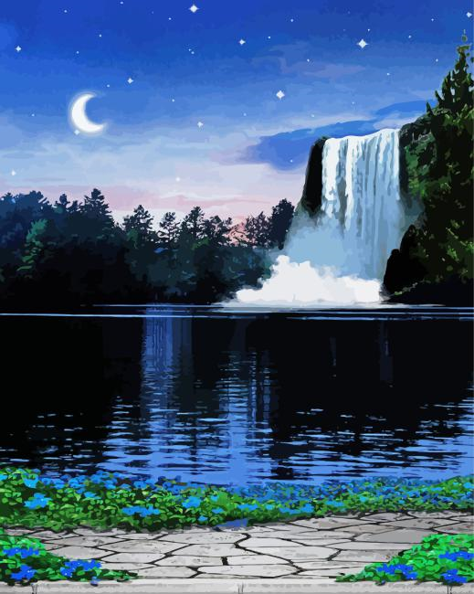 Crescent Moonlight Waterfall Paint By Numbers.png