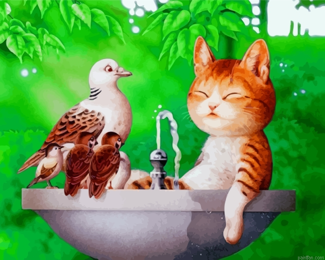 Cute Cat And Birds Paint By Number.png
