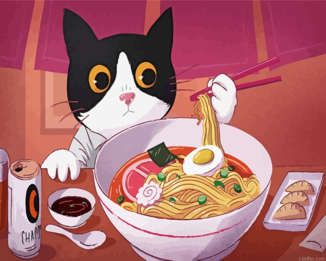 Cute Cat Eating Noodles Paint By Number.png