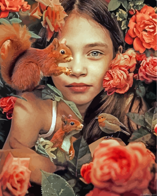 Cute Girl And Squirrels Paint By Number.png