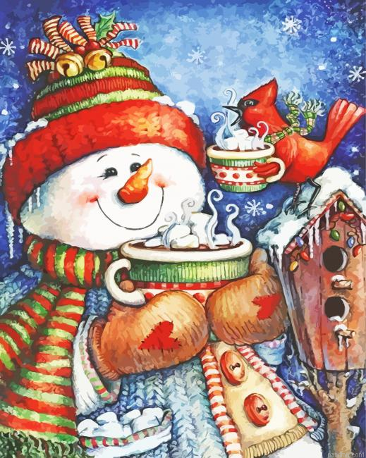 Cute Snowman And Bird Paint By Numbers.png