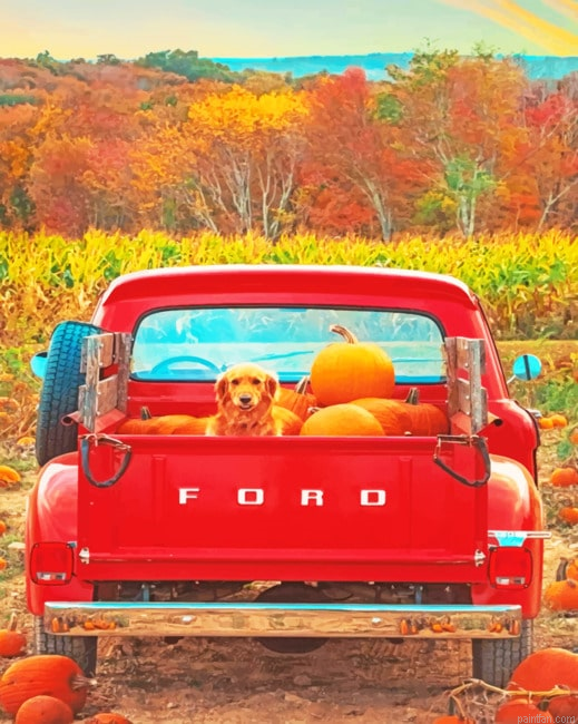 Dog And Pumpkins In A Red Truck New Paint By Numbers.png