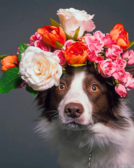 Dog With Colored Flowers Crown New Paint By Numbers.png
