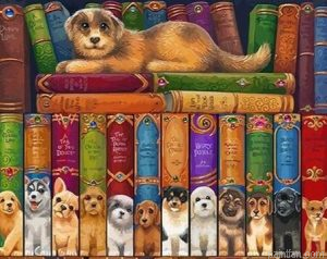 Dogs On Bookshelves Paint By Numbers.png
