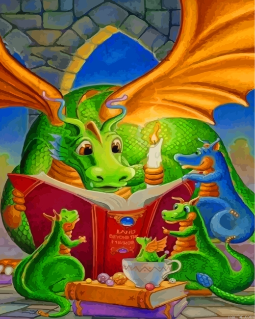 Dragon Reading A Story To His Babies Paint By Number.png