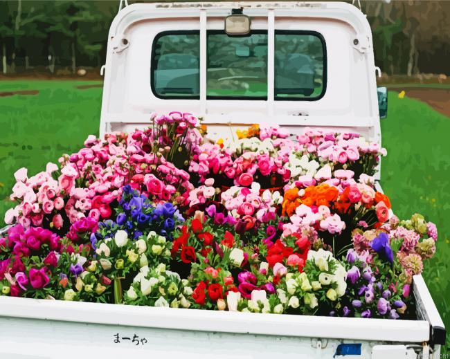 Flowers In Back Of White Truck Paint By Numbers.png