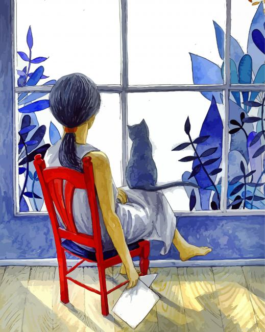 Girl And Cat By Window Paint By Number.png