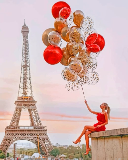 Girl Holding Balloons In Eiffel Tower New Paint By Numbers.png
