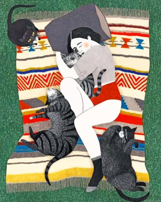 Girl Sleeping With Her Pets Illustrations Paint By Numbers.png