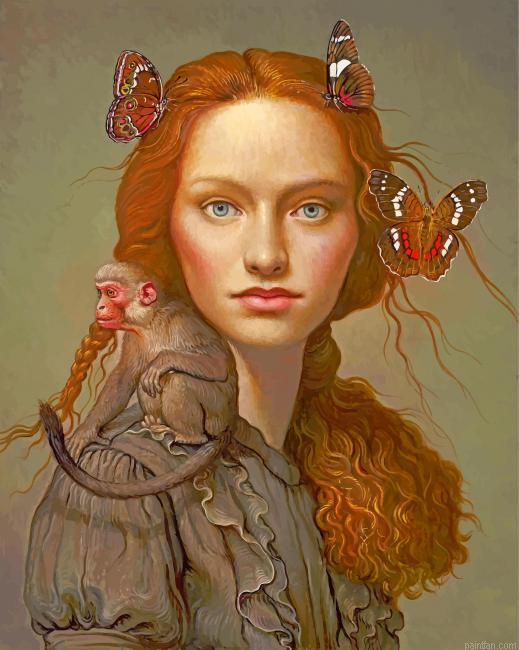 Girl With Butterflies And Monkey Paint By Number.png