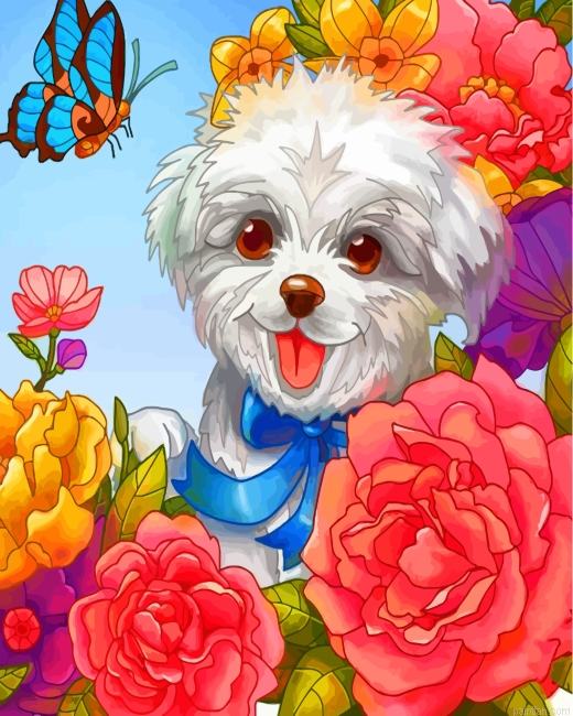 Happy Dog And Flowers Paint By Number.png