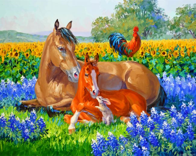 Horses And Rooster Paint By Number.png