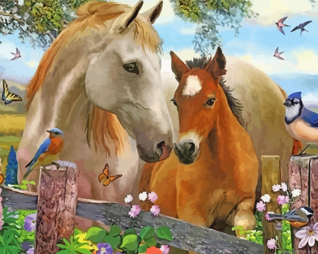 Horses With Birds And Flowers Paint By Number.png