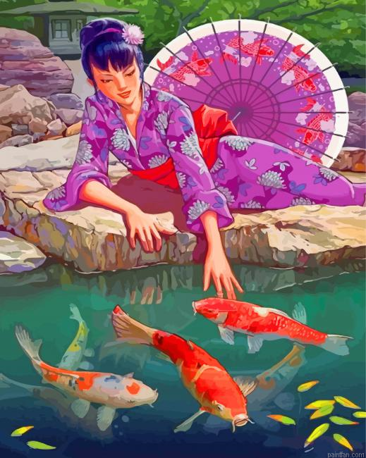 Japanese Woman And Koi Fishes Paint By Number.png