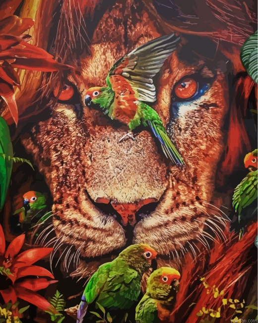 Lion And Parrots Paint By Number.png
