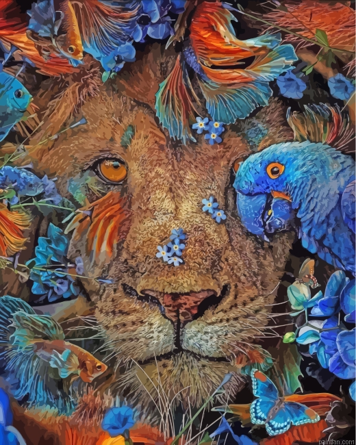 Lion Parrots And Fishes Paint By Number.png